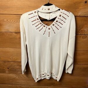 Marshall Rousso Las Vegas‎ Womens Vintage Sweater gold Embellished cut out neck